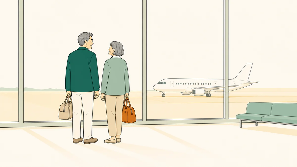 空港のロビーから飛行機を眺める60代の夫婦のイラスト