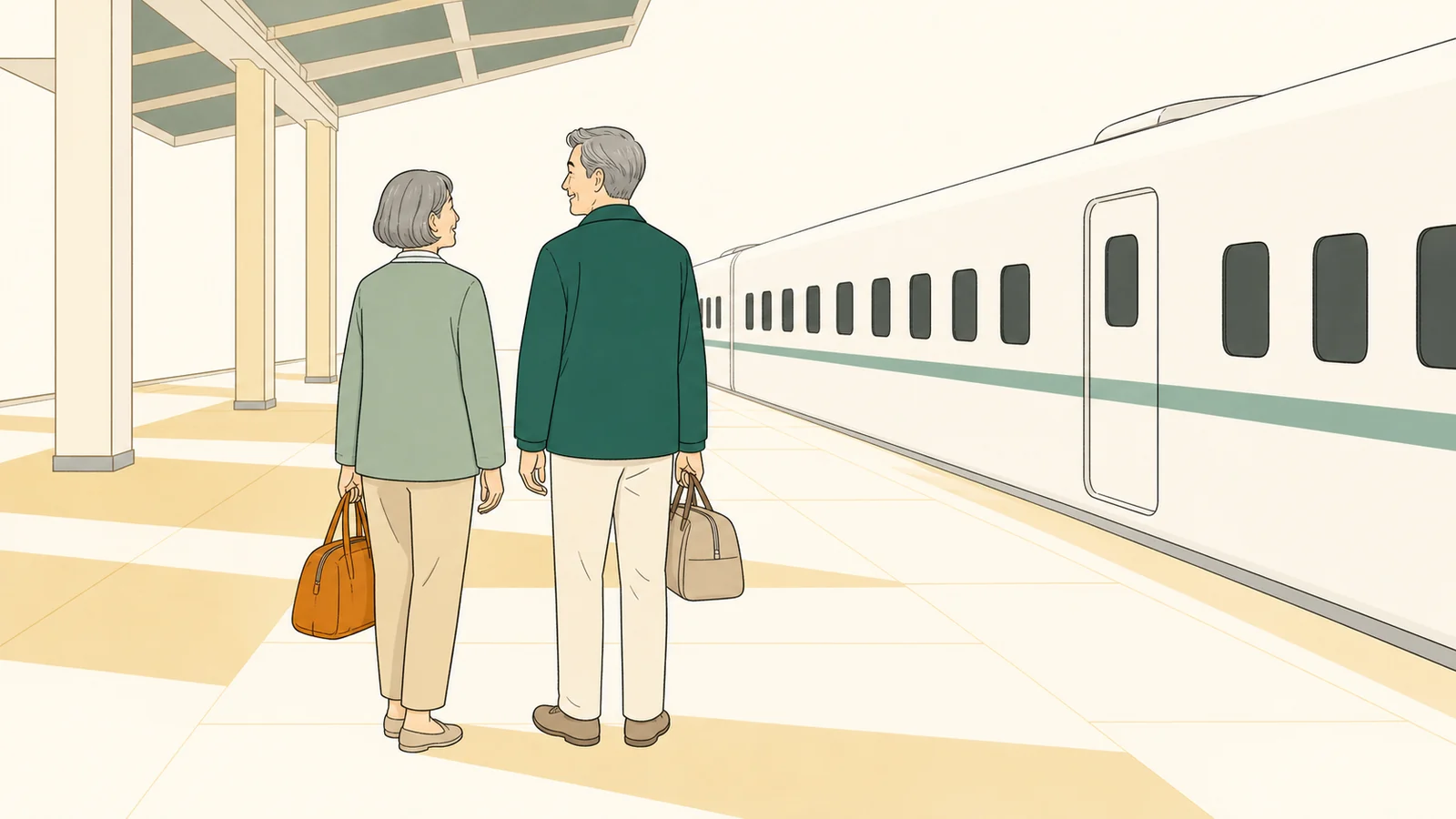 新幹線のホームで出発を待つ60代の夫婦のイラスト