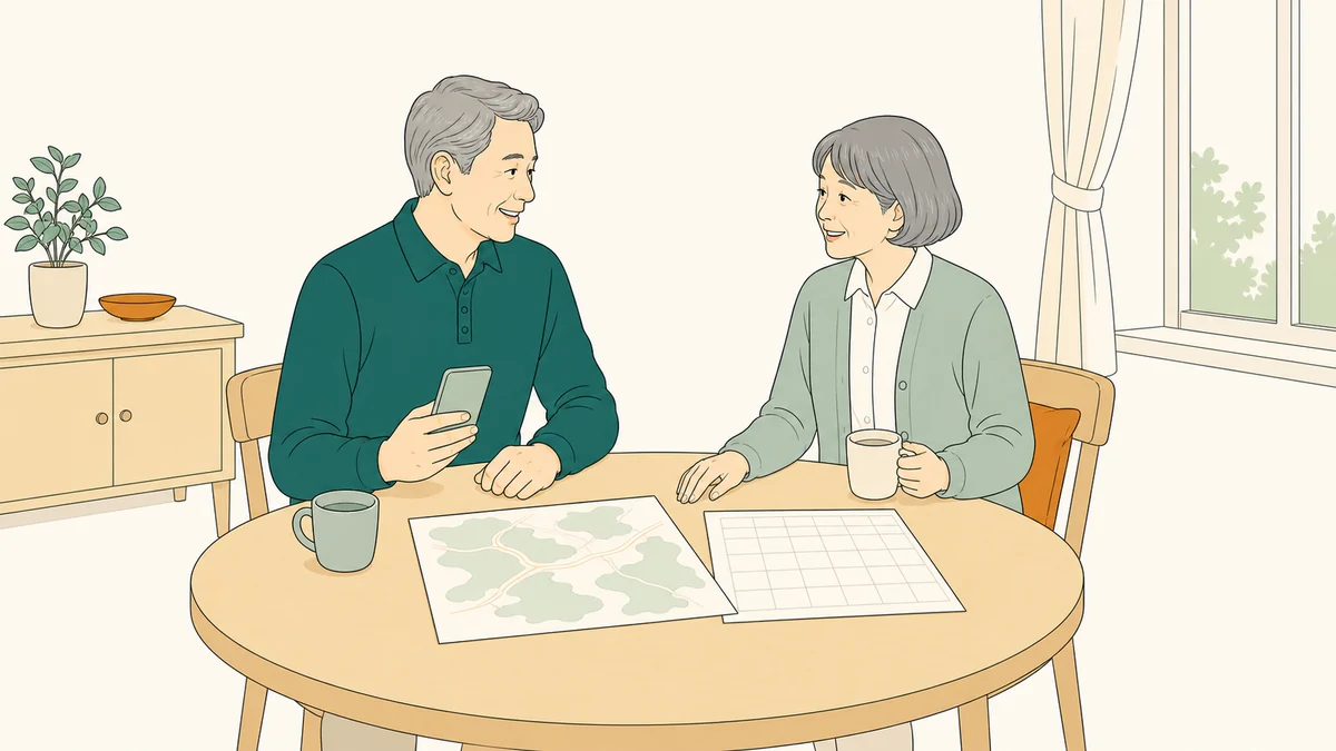自宅で地図とカレンダーを広げて旅行の計画を立てる60代の2人のイラスト