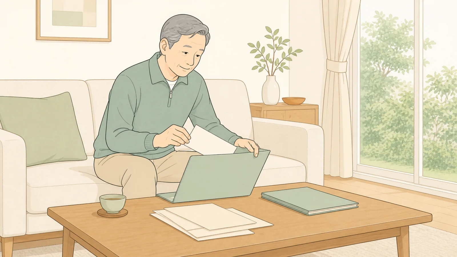 自宅で書類を整理する60代の人のイラスト