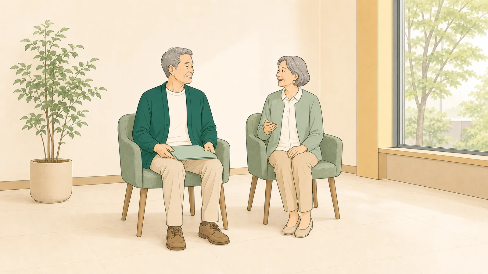 窓のある待合スペースで書類を持って順番を待つ60代の2人のイラスト