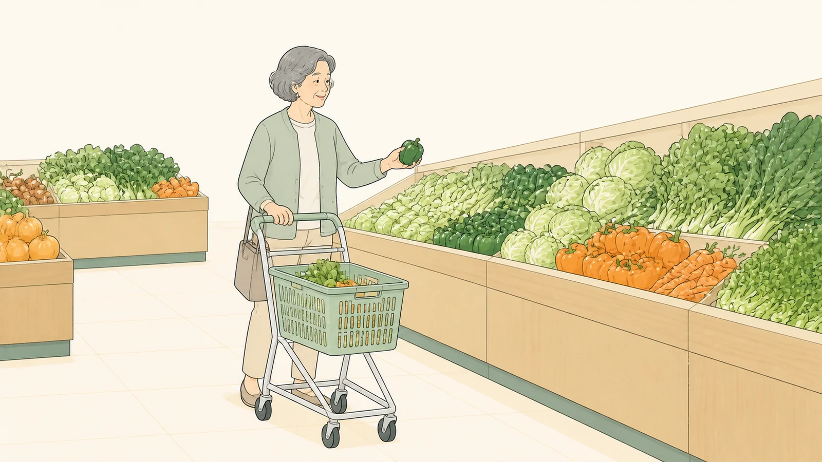 スーパーの売り場で買い物をする60代の人のイラスト