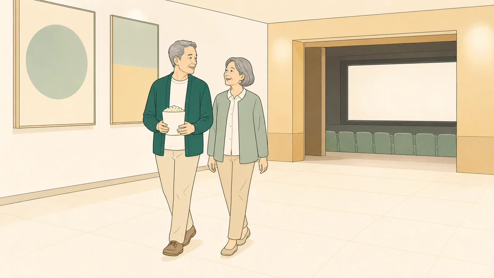映画館のロビーを並んで歩く60代の2人のイラスト