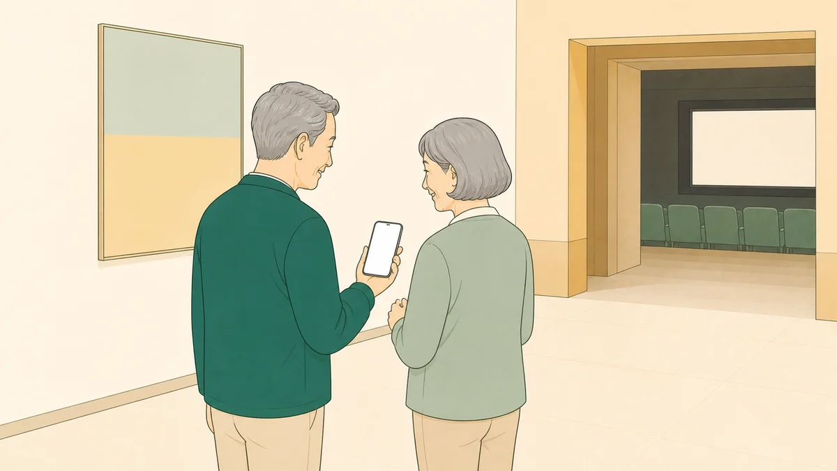 映画館のロビーでスマートフォンを見ながら相談する60代の2人のイラスト