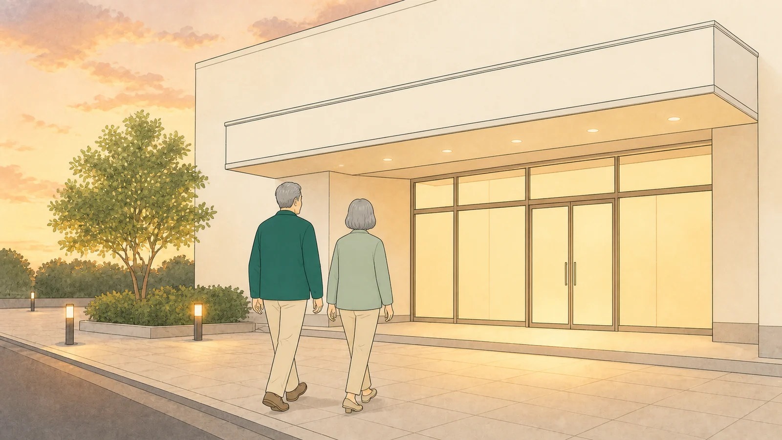 夕暮れの映画館へ向かう60代の2人のイラスト