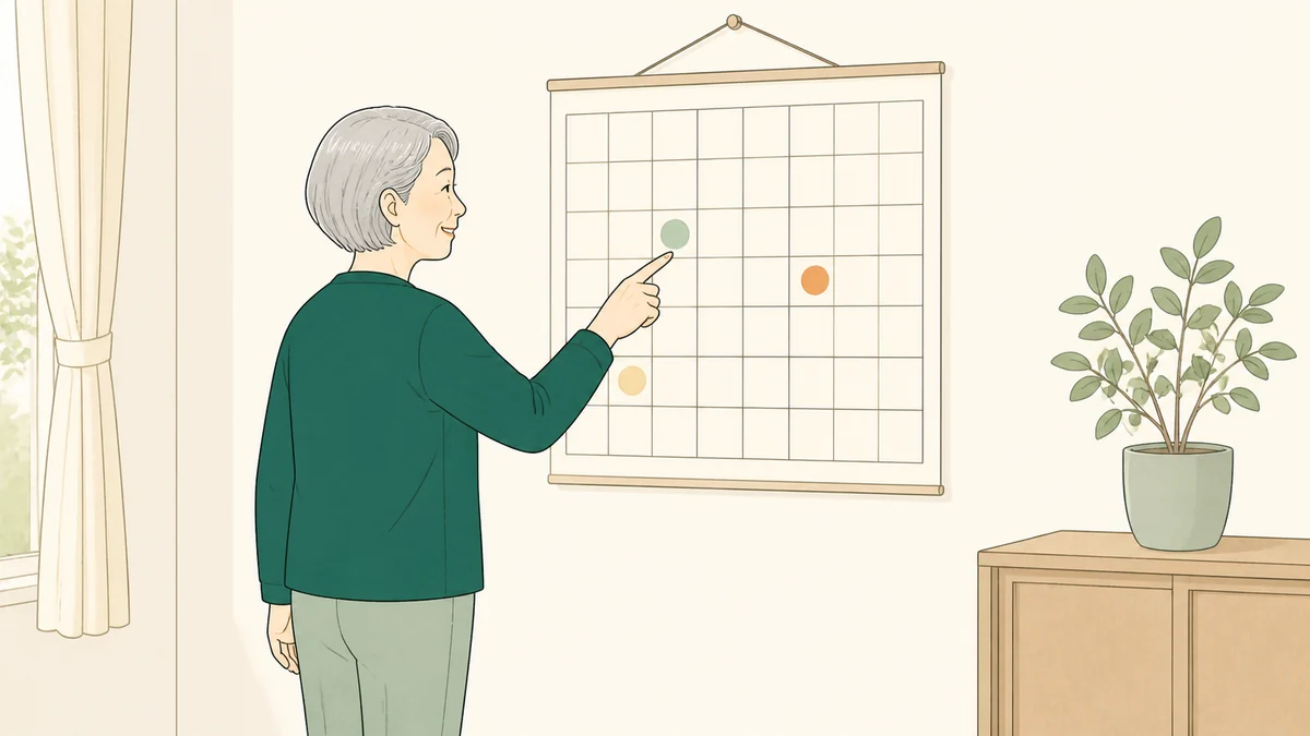 カレンダーを見ながら予定を確かめる60代の人のイラスト