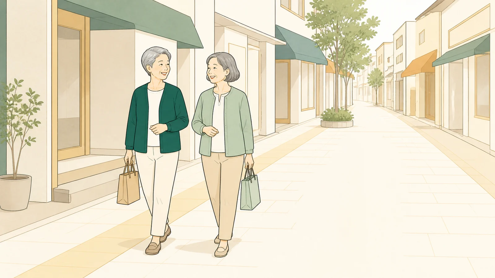 商店街を歩く60代の2人のイラスト
