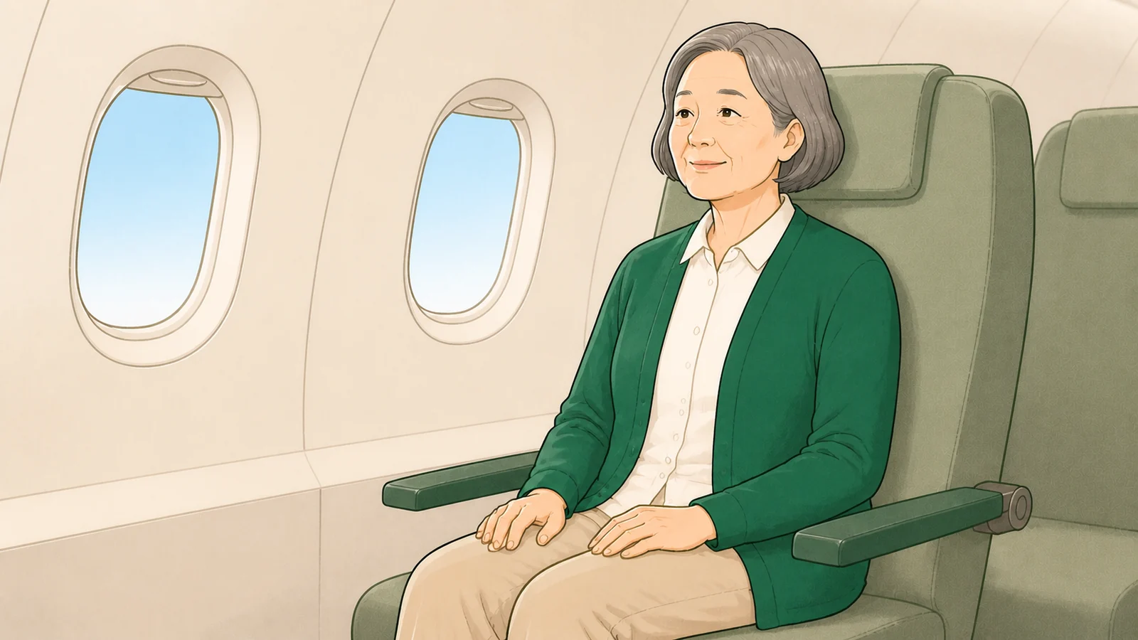 飛行機の座席に座る60代の人のイラスト