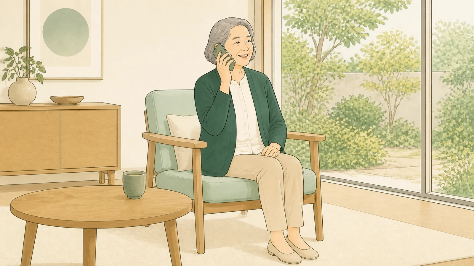 自宅の窓辺でスマートフォンで話す60代の人のイラスト