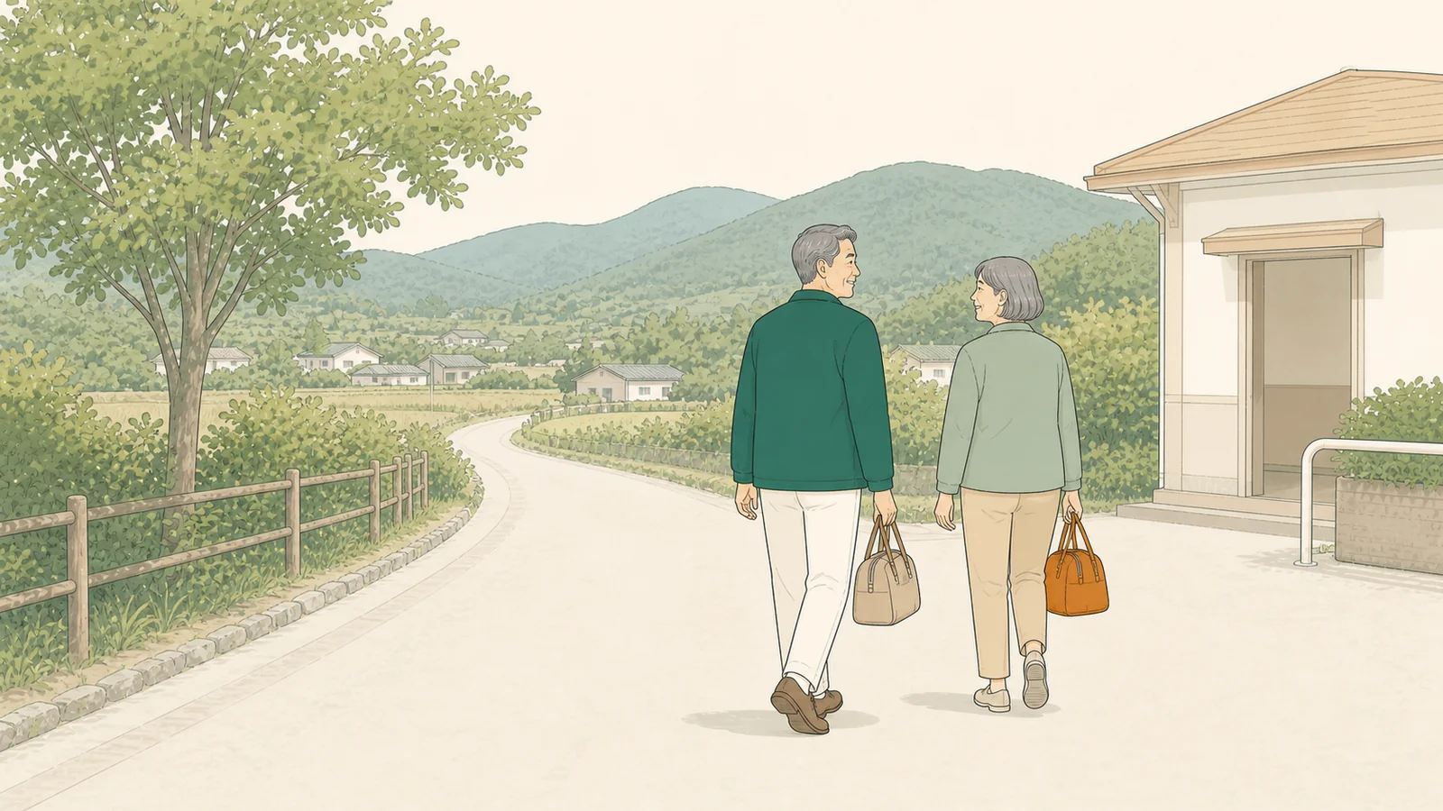 旅先の駅に降り立って歩き出す60代の2人のイラスト