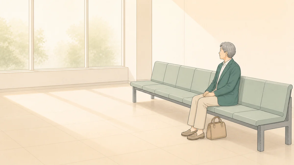 駅のベンチで出発を待つ60代の人のイラスト