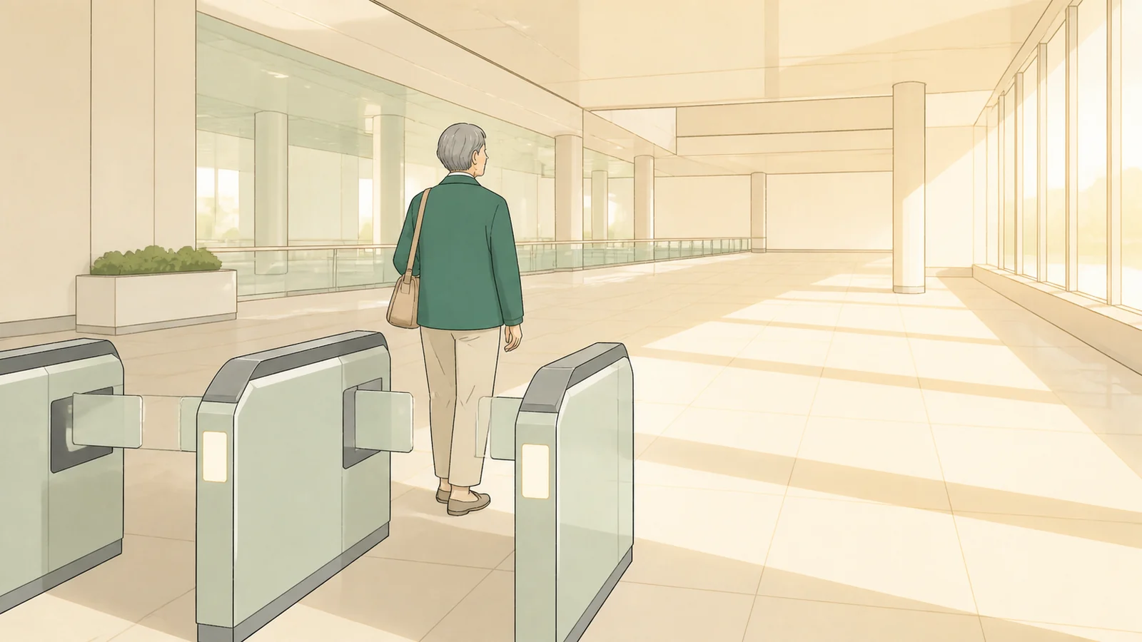 駅の改札を抜けて歩いていく60代の人のイラスト