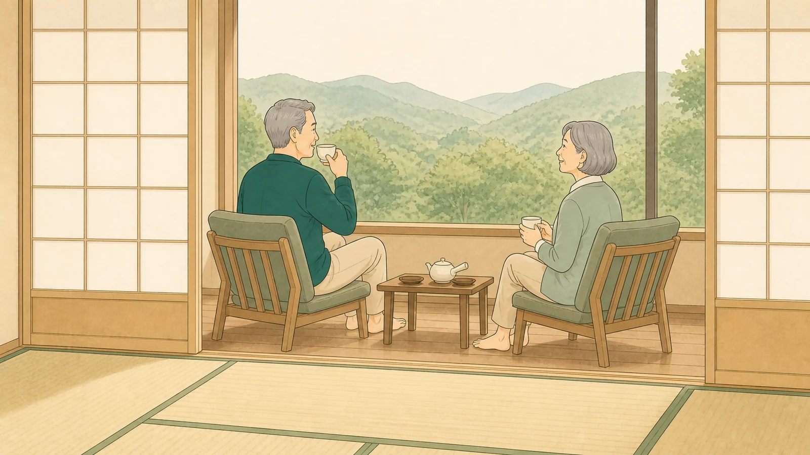 旅館の和室の窓辺でお茶を飲みながら景色を眺める60代の2人のイラスト