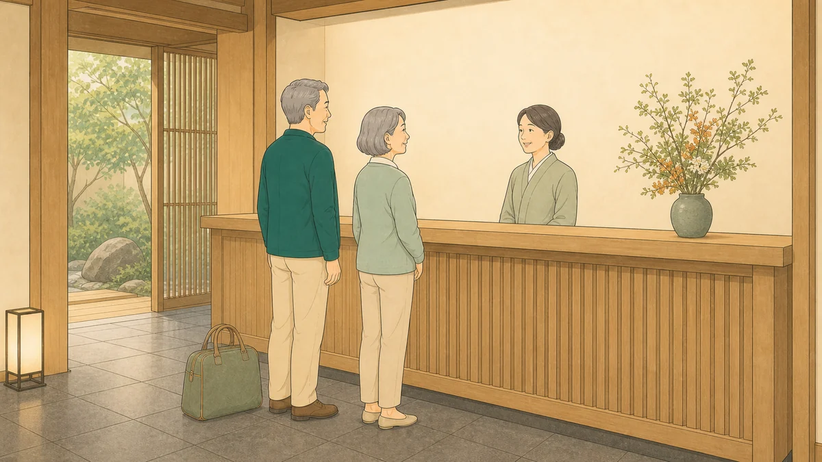 宿のフロントでチェックインをする60代の2人のイラスト