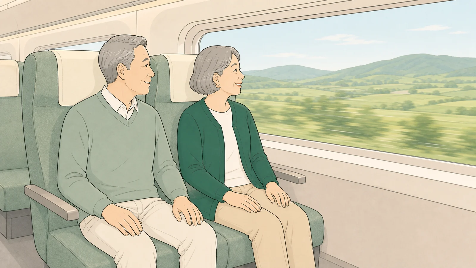 新幹線の車内で窓の外の景色を眺める60代の2人のイラスト