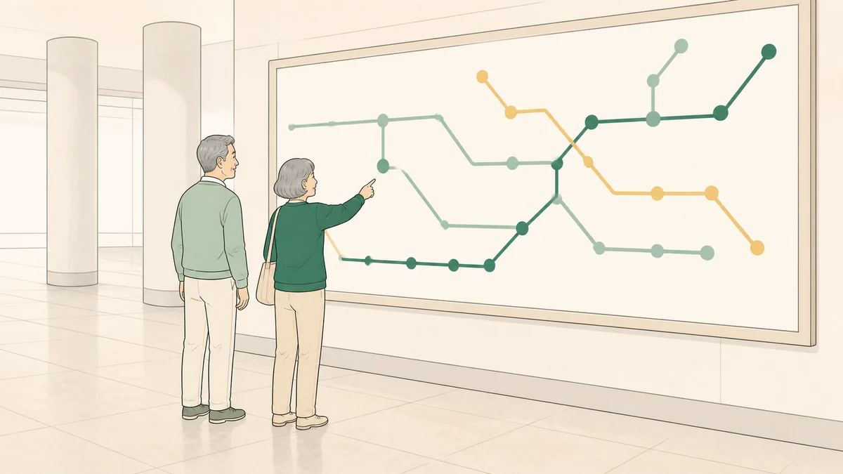 駅で路線図を見ながら行き先を相談する60代の2人のイラスト