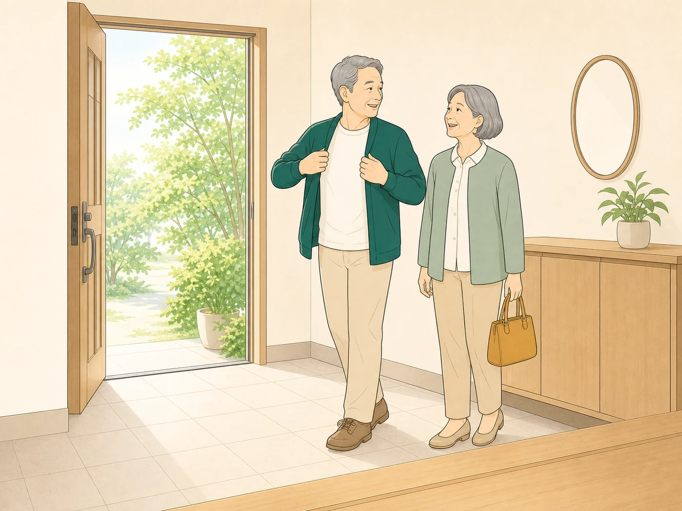 玄関で出かける支度をする60代の2人のイラスト